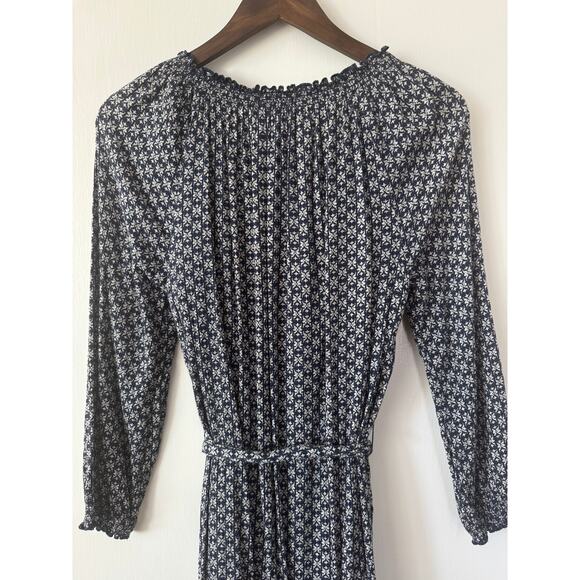 Caslon Navy Blue Ditsy Floral Midi 3/4 Sleeve Belted Dress Size X Small - Picture 5 of 11